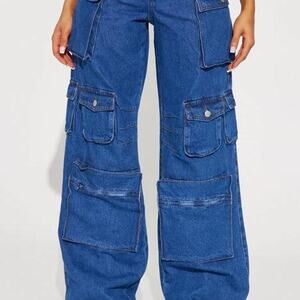 Fashion Nova Lily High Rise Cargo Jeans in Medium Blue Wash